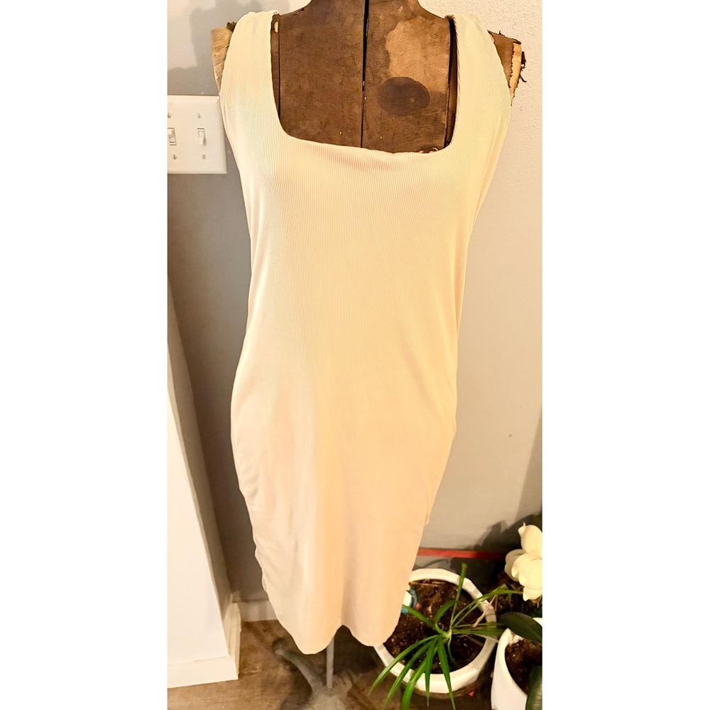 JUSTIFY Ribbed Tank Dress Beige 1X Square Neck Sleeveless Bodycon Midi